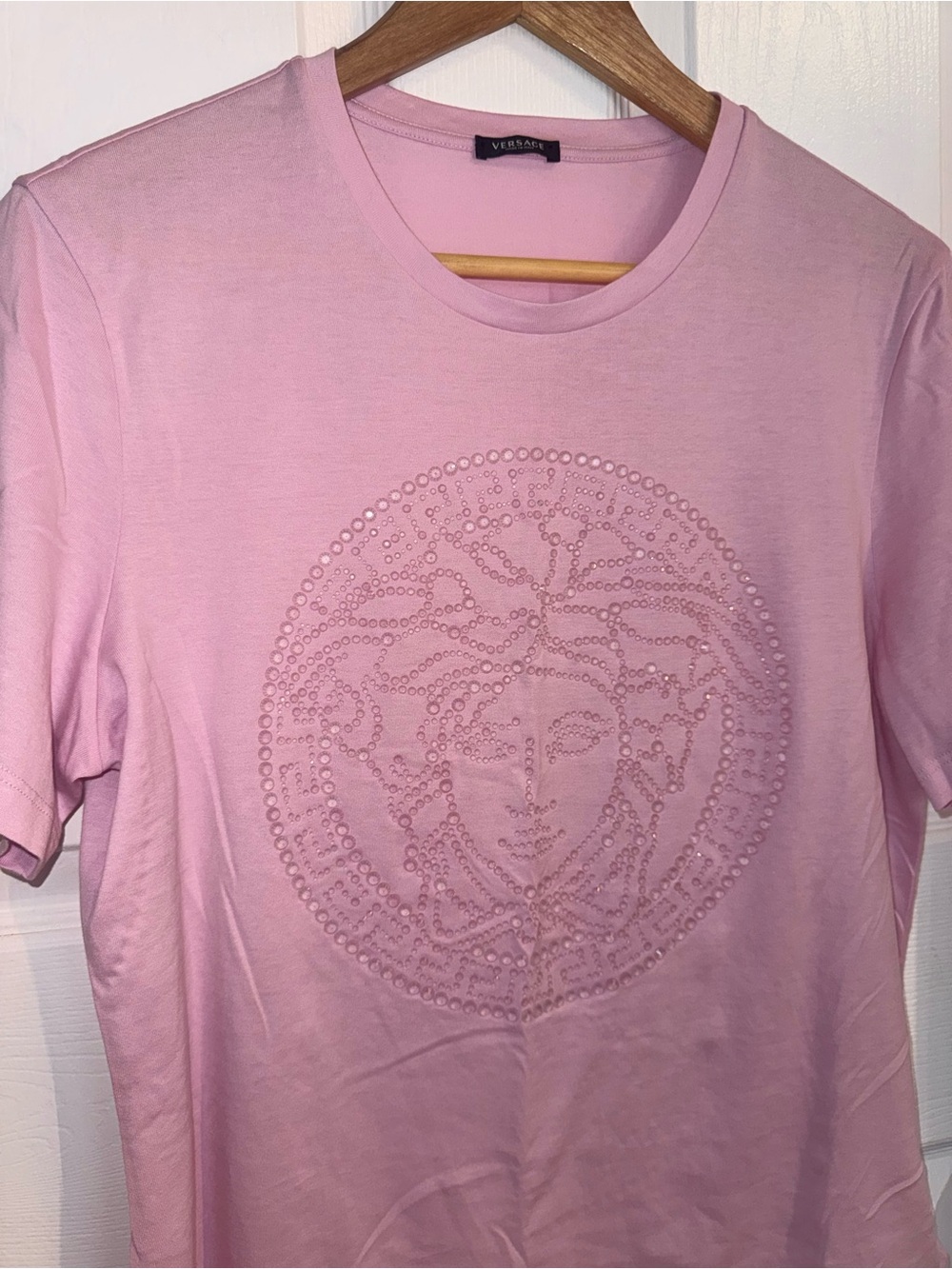 Versace Light Pink Studded Medusa Short Sleeve Tee